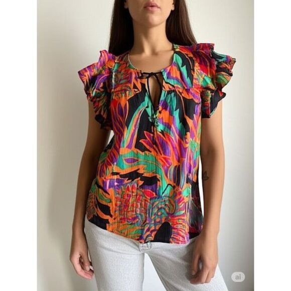 House of Harlow Abstract Multicolor Ruffle Short Sleeves Blouse size L - Picture 1 of 9